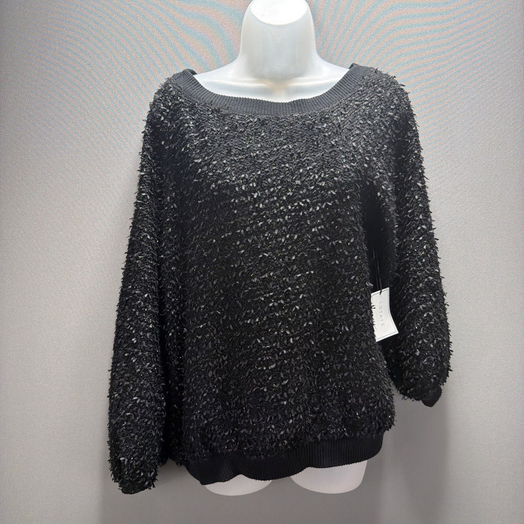 NWT 1. State Women's S Black Fringe Balloon Sleeve Silver Shimmer Sweater Stretc