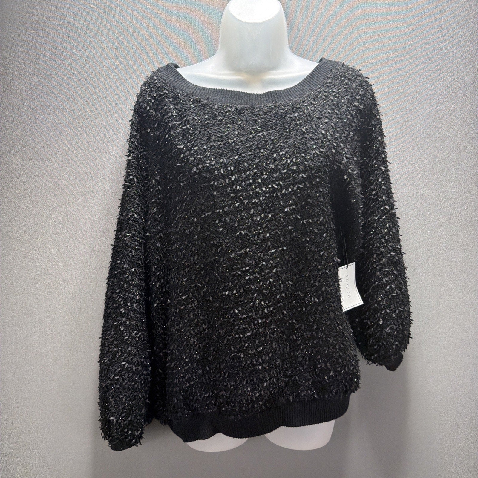 NWT 1. State Women's S Black Fringe Balloon Sleeve Silver Shimmer Sweater Stretc