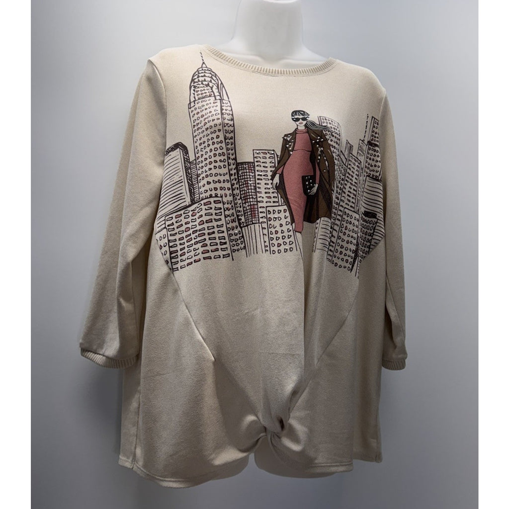 Kiss & Fly City Scape Fashion Theme Rhinestone Long Sleeve Top Women's Size L