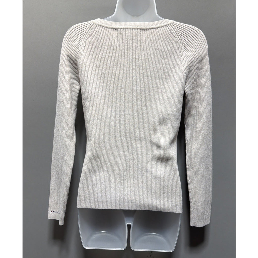 Tommy Hilfiger Jeans Ribbed Sweater Pullover V- Neck Women Beige Size Small