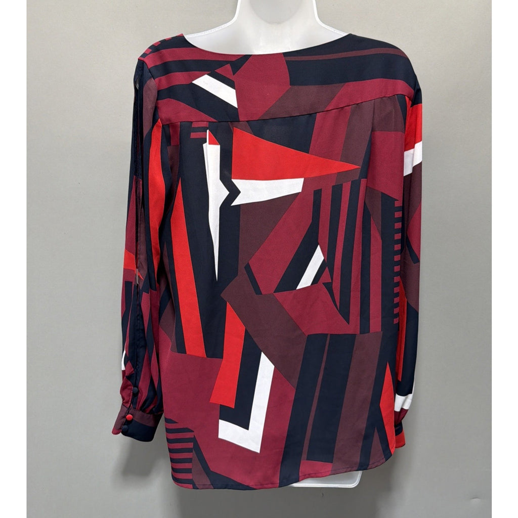 Loft Womens sz S Top Red Black Geometric Long Sleeve Wide Neck Pullover Blouse