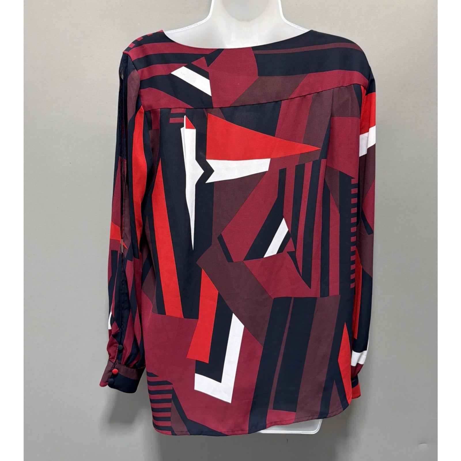 Loft Womens sz S Top Red Black Geometric Long Sleeve Wide Neck Pullover Blouse