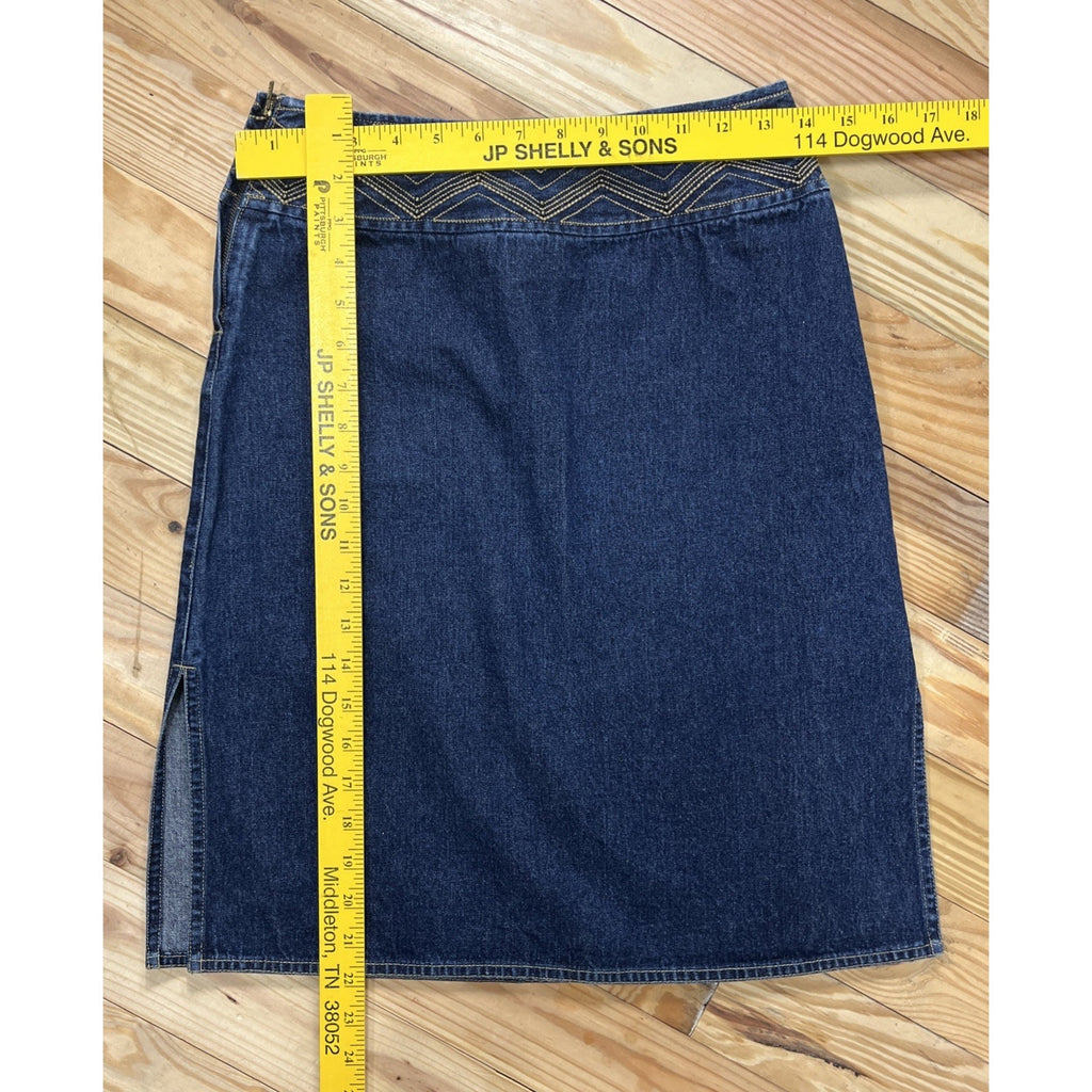 Vtg. Liz Claiborne Blue Denim Skirt A-Line Embroidered Zip Side Size Petite 2