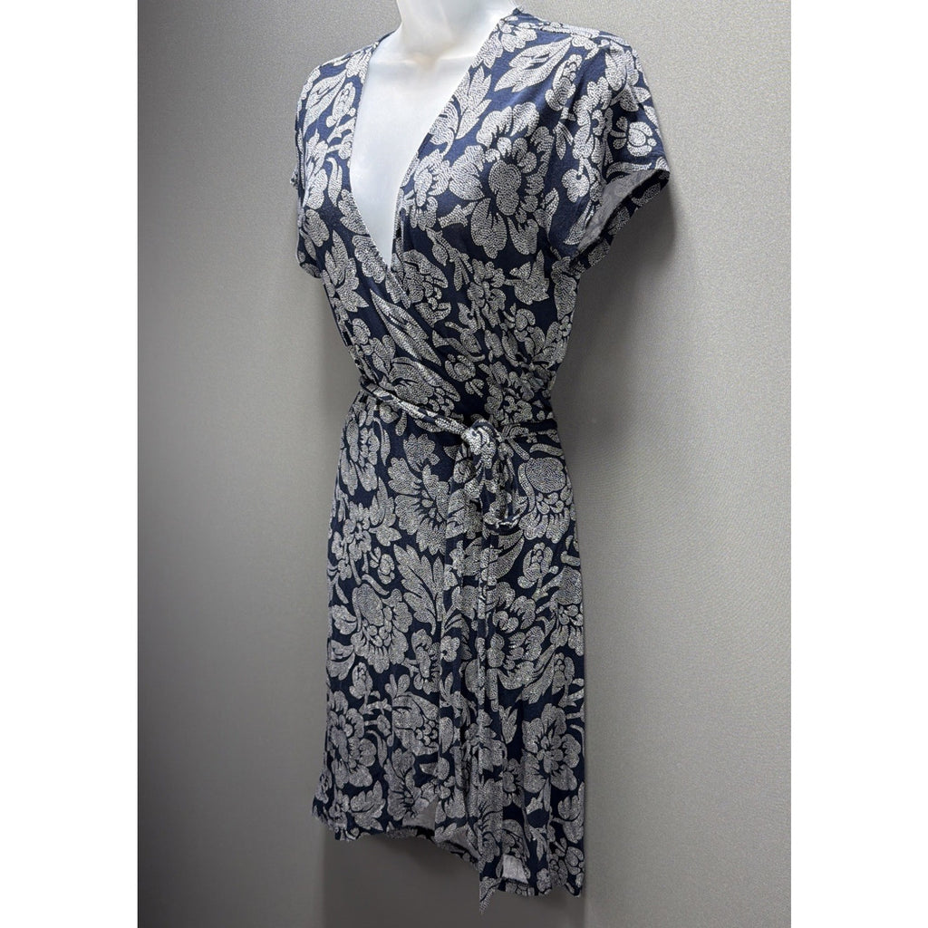 Ann Taylor LOFT Women's Wrap Dress Petite Small Floral Navy Blue White Stretch