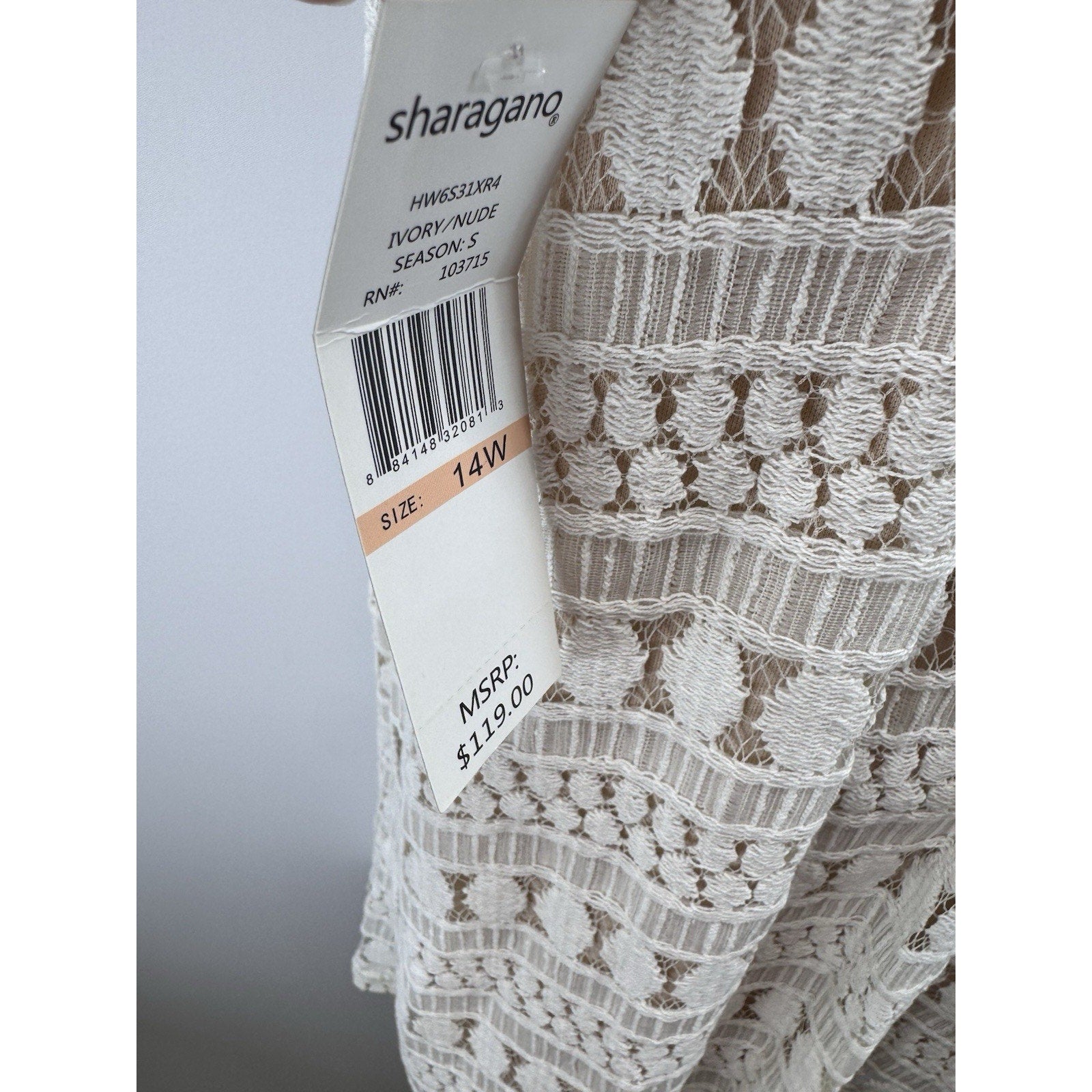 Sharagano Lace Crochet Ivory Dress Nude Lining Women’s Size 14W NWT