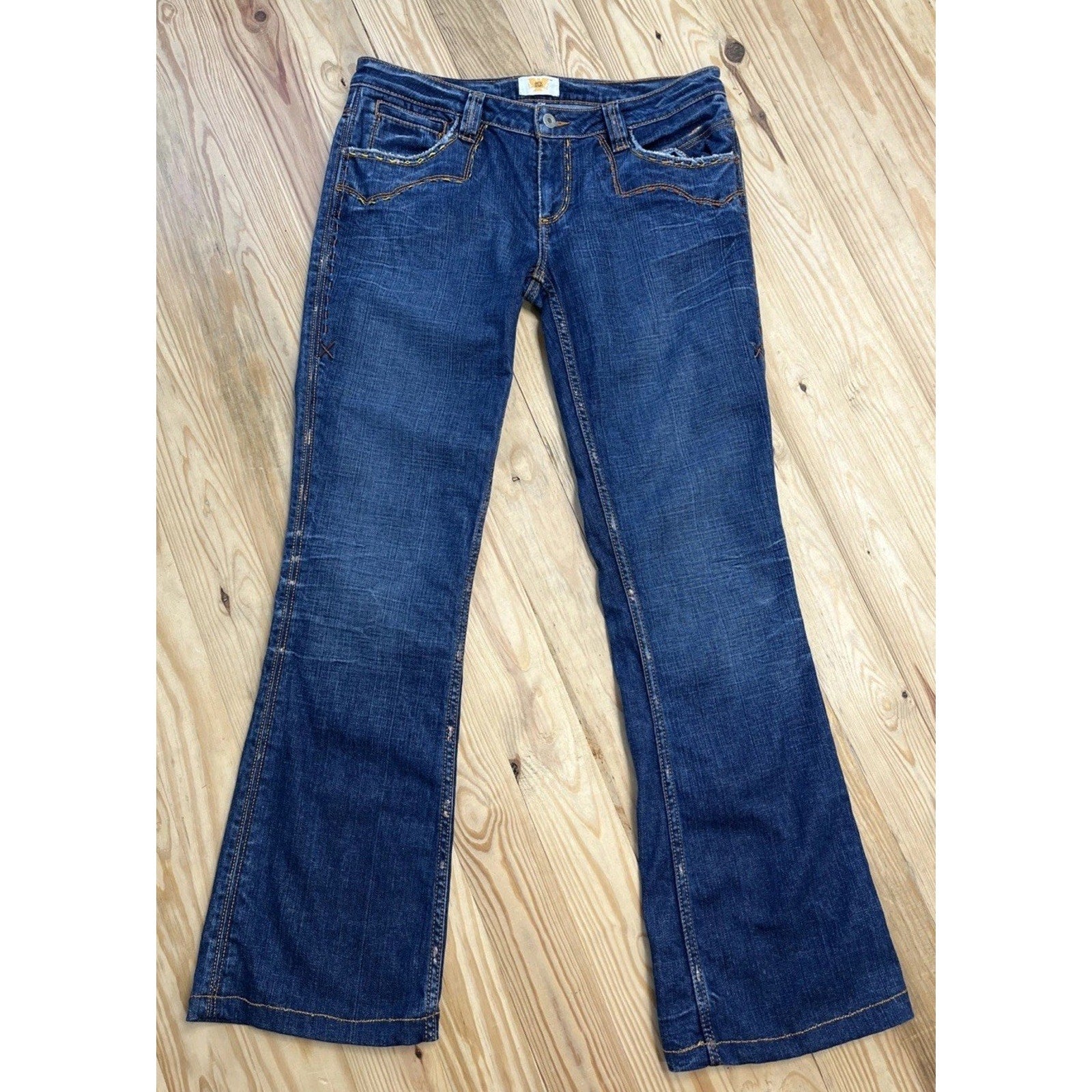 Antik Denim Women size 31 Distressed Bell Bottom Blue Jeans Stitching Southwest