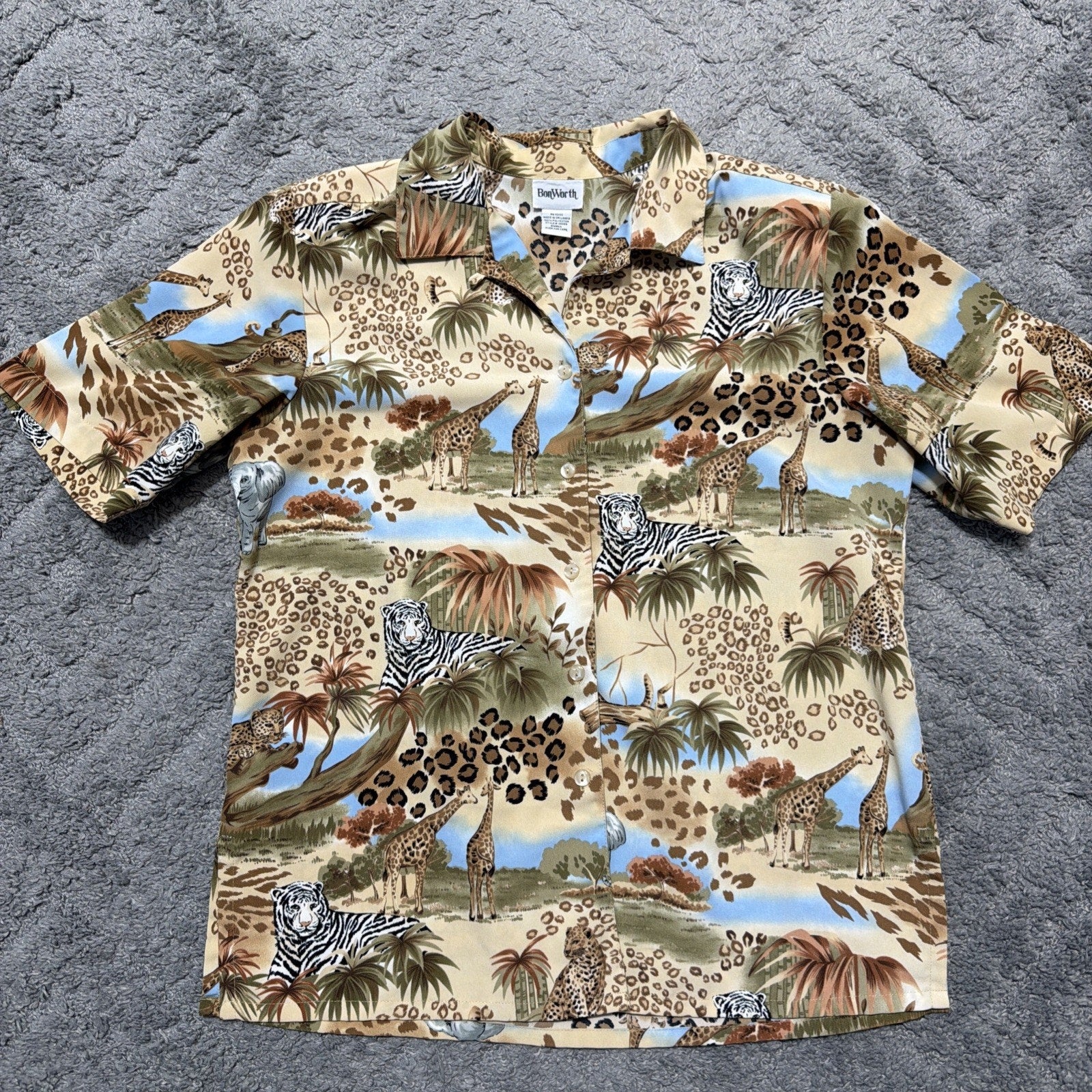 Vintage 90s Bon Worth Womens Casual Safari Animal Print Shirt Blouse Size Small