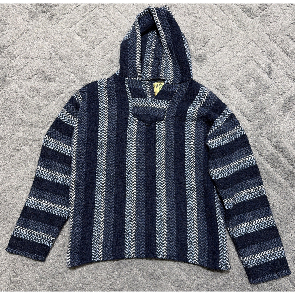 Baja Joe Mexican Baja Hoodie Poncho Style Pullover Made in Mexico Small Blue