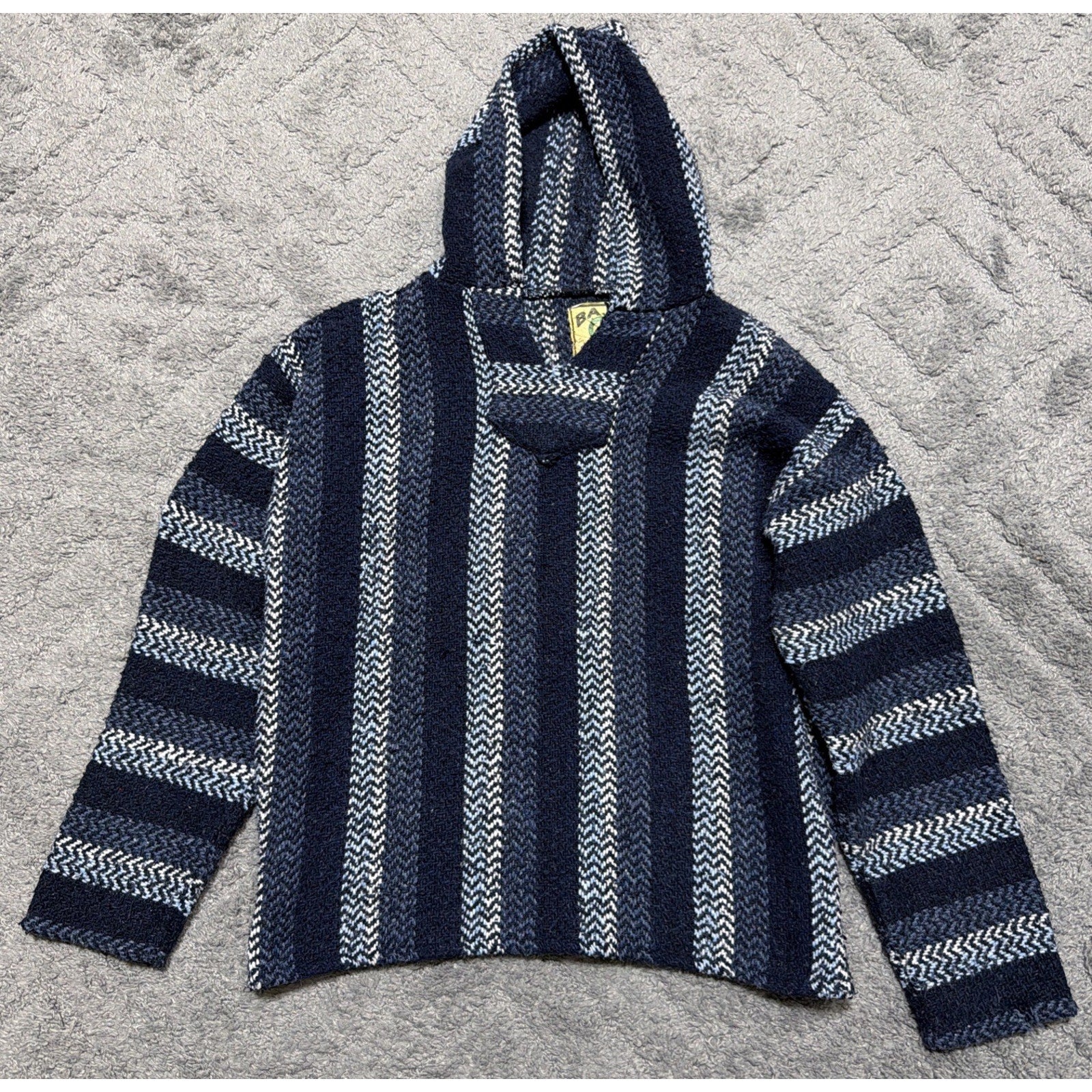 Baja Joe Mexican Baja Hoodie Poncho Style Pullover Made in Mexico Small Blue