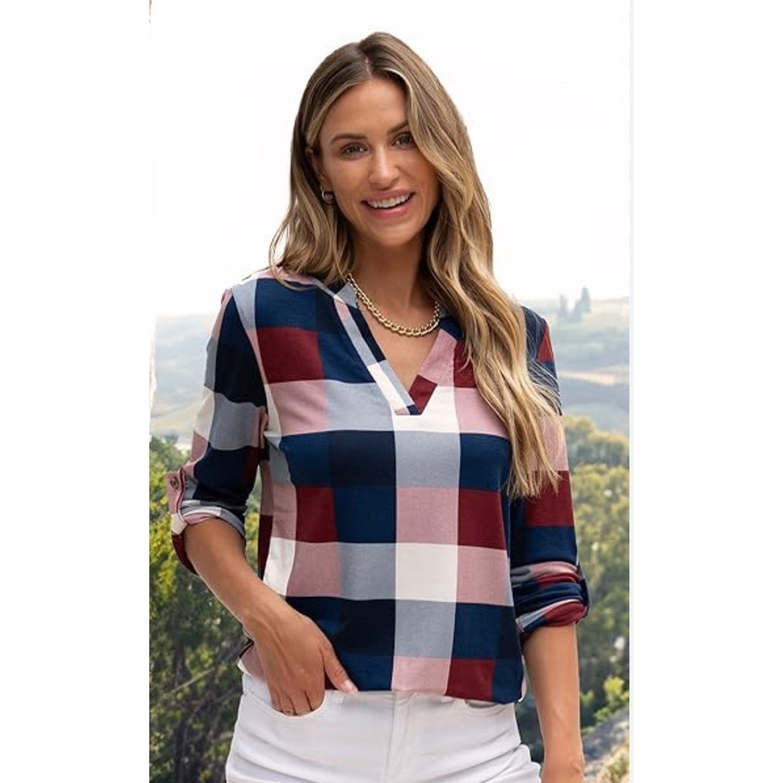 Dokotoo Long Sleeve Women’s Plaid V- Neck Shirt Pullover Blue Maroon XL NWT