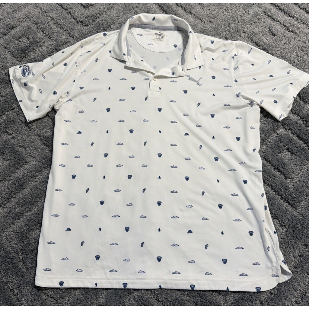 PUMA Men's MATTR Pouring Buckets Polo Shirt in Bright White/Cobalt SZ Large