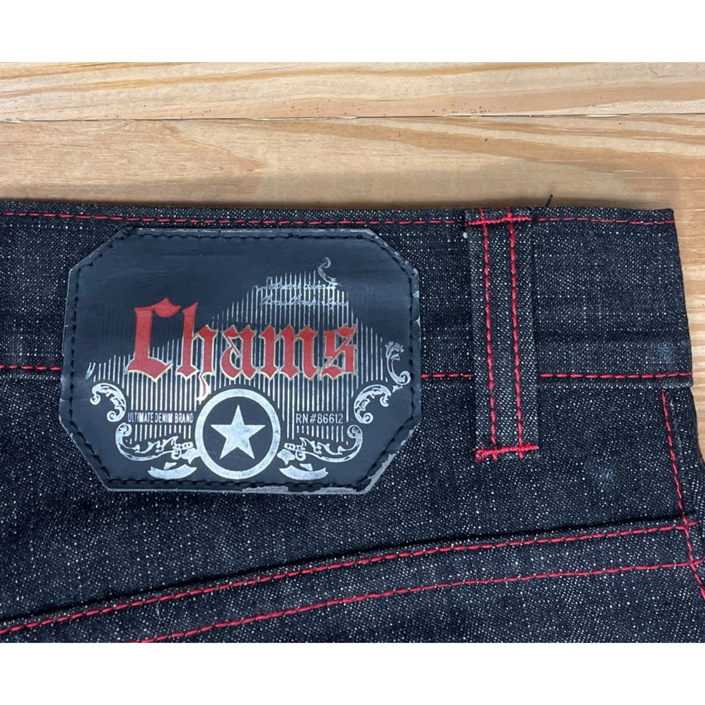 Chams Stitched Y2K Baggy Jeans Dark Wash Red Stitch Streetwear Wide Denim Sz 30