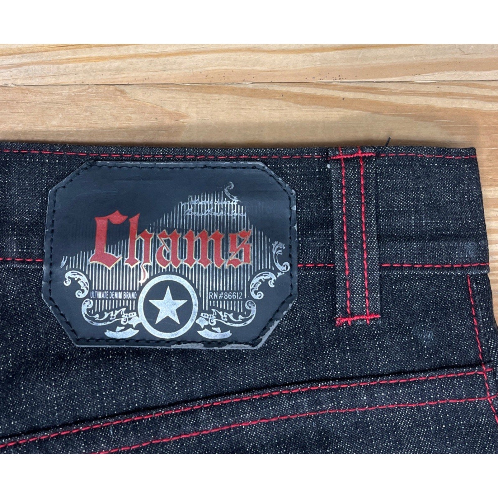Chams Stitched Y2K Baggy Jeans Dark Wash Red Stitch Streetwear Wide Denim Sz 30