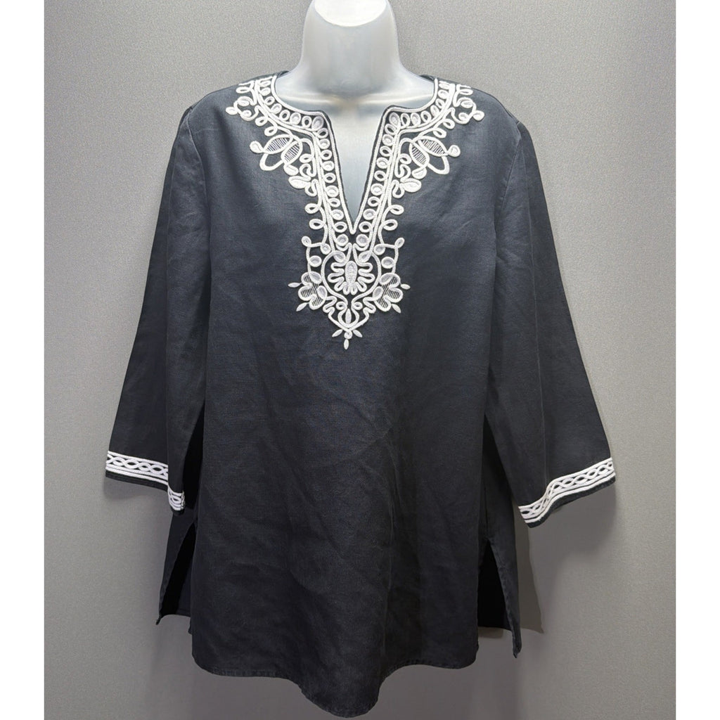 Jones New York Women’s 100% Linen Tunic Top Size L Black White Lace Trim