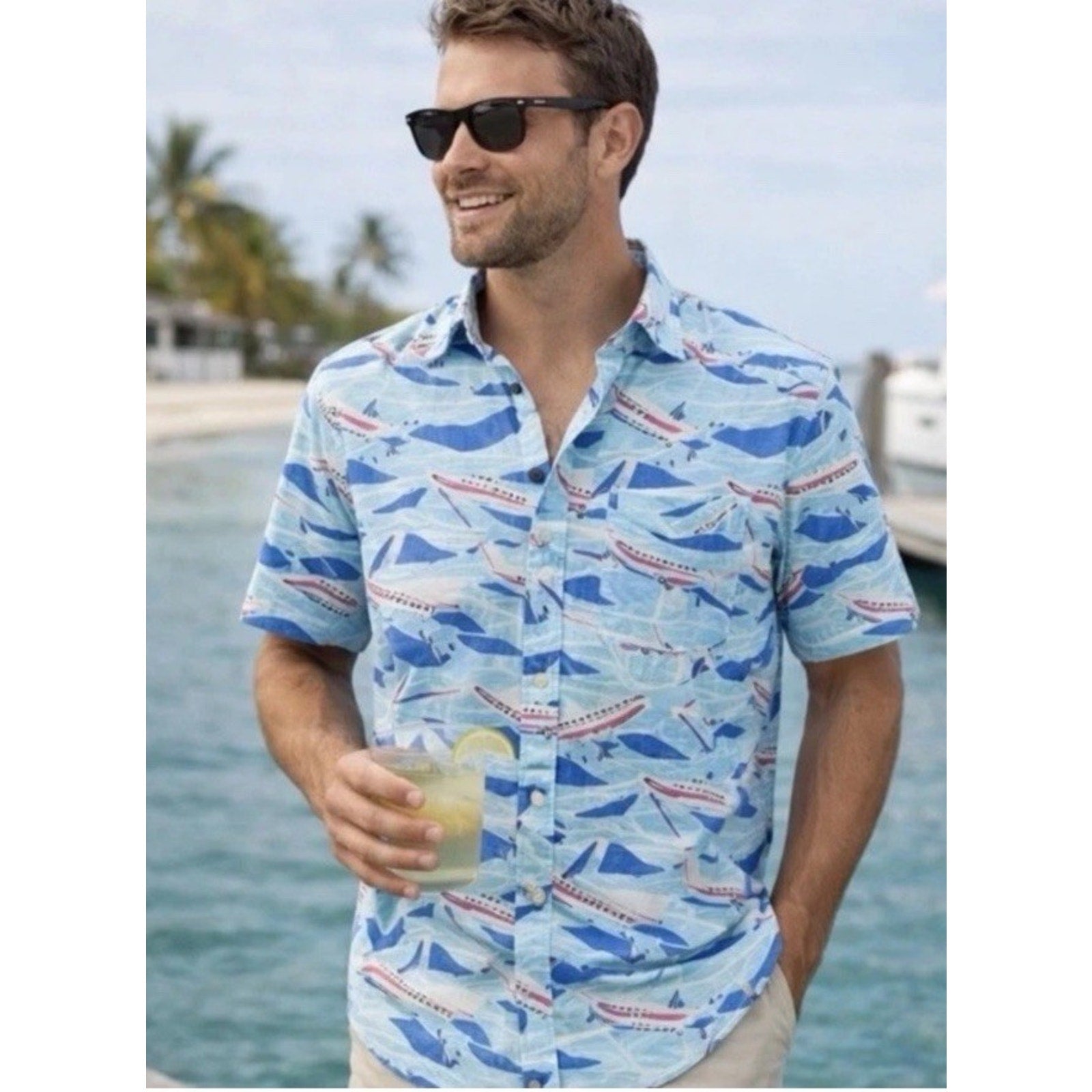 Vineyard Vines Jet Set Airplane Print Button Down Shirt Men’s Small Blue NWT