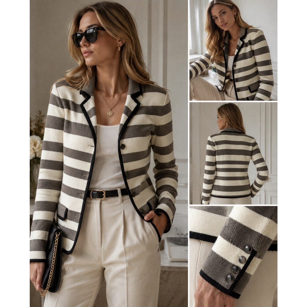 LOFT Ann Taylor Striped Knit Blazer Womens Medium Brown Cream Cotton Jacket