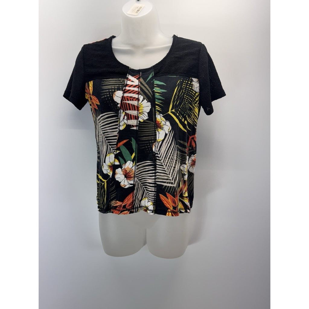 Onque Casual Women’s Black Tropical Blouse With Mesh Sleeves Size Small