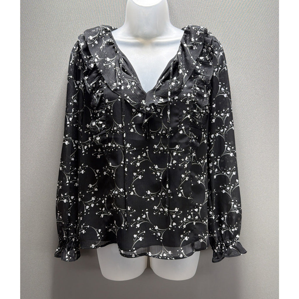 Ann Taylor Loft Blouse Womens Small Lined Long Sleeve Black Floral Ruffle BOHO