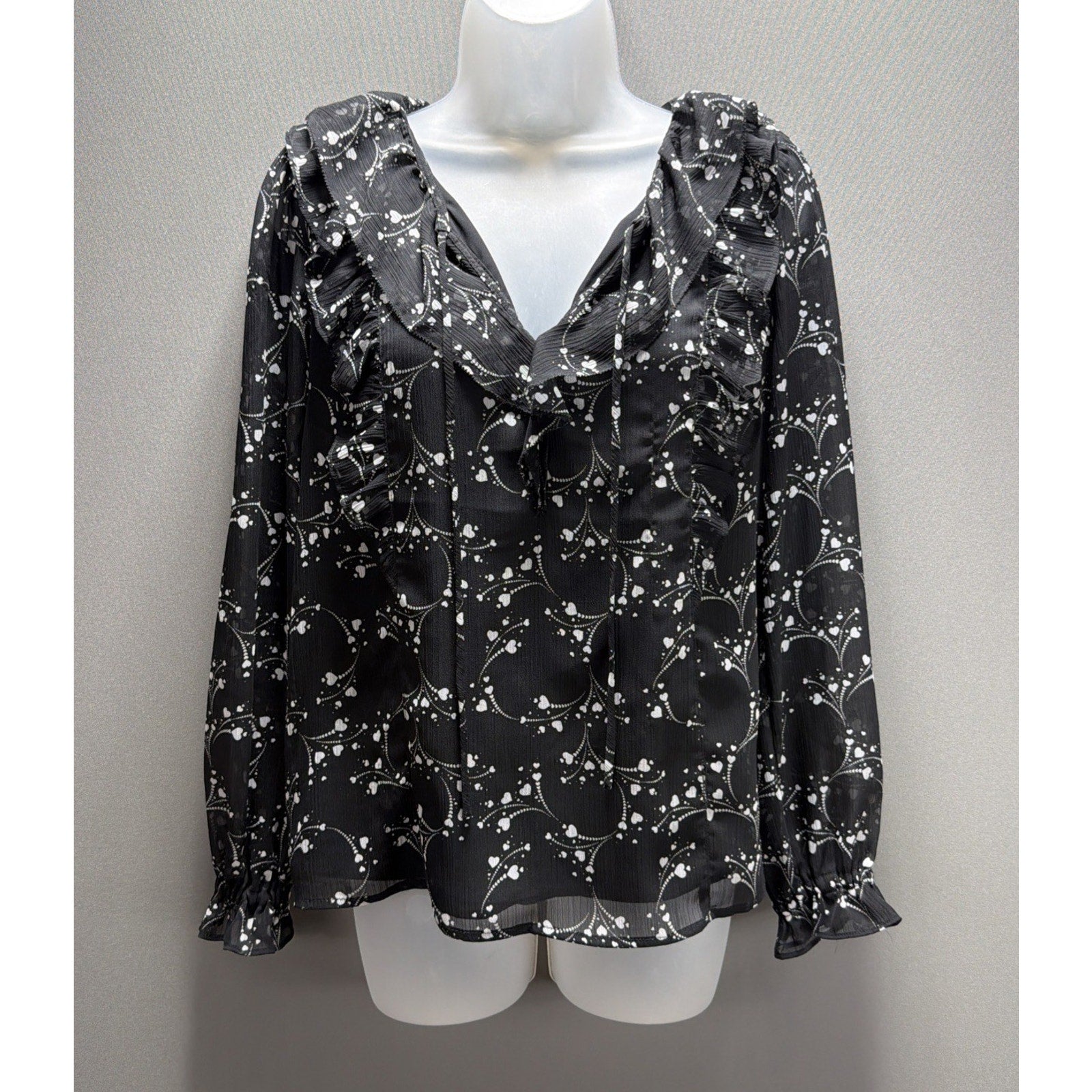 Ann Taylor Loft Blouse Womens Small Lined Long Sleeve Black Floral Ruffle BOHO