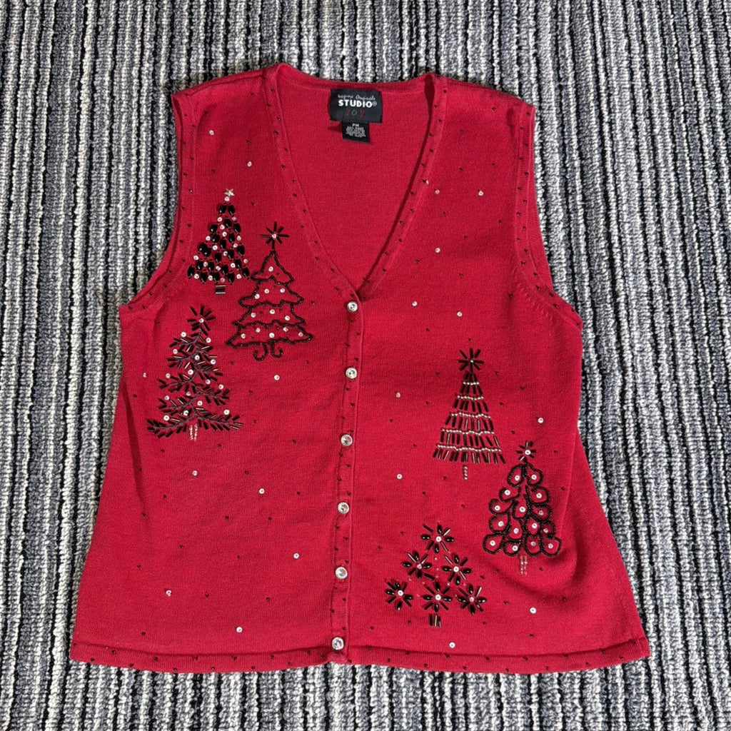 Vtg Designers Originals Studio Joy Vest Christmas Tree Red Knit Buttons Sz PM
