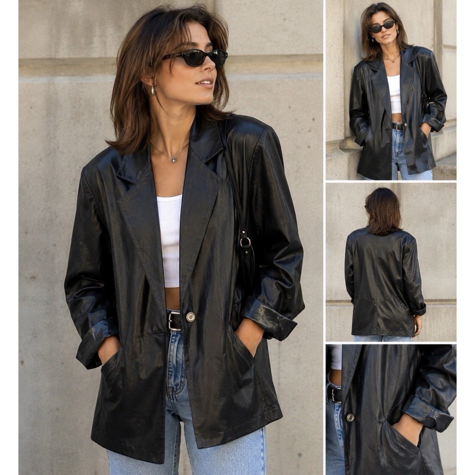 Vintage Nancy Bolen Blazer for City Girl Leather like 90s womens 14 Made USA