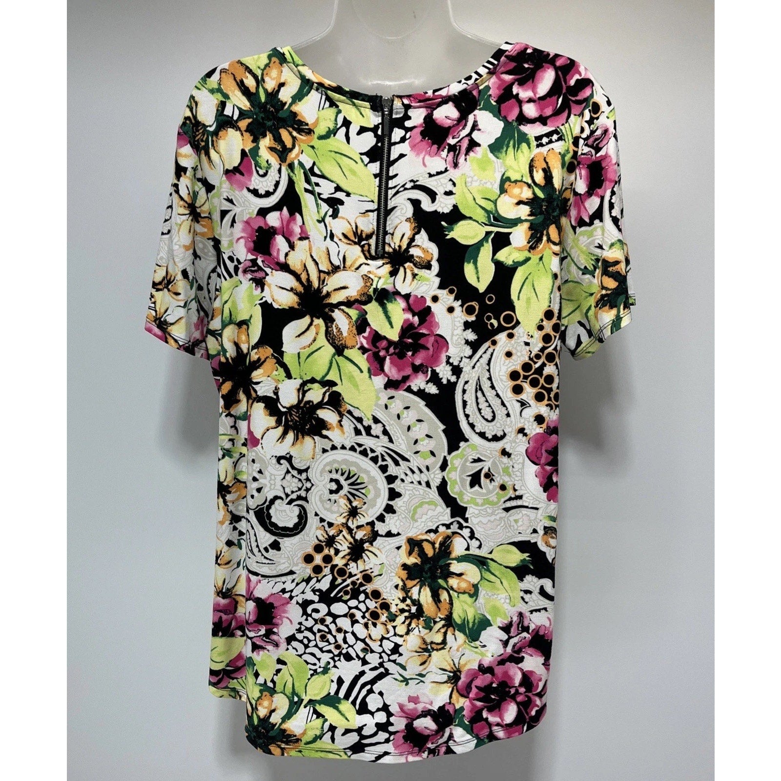 Chicos Top Women 2 US L Multi Floral Blouse Colorful Stretchy Bloomcore Mature