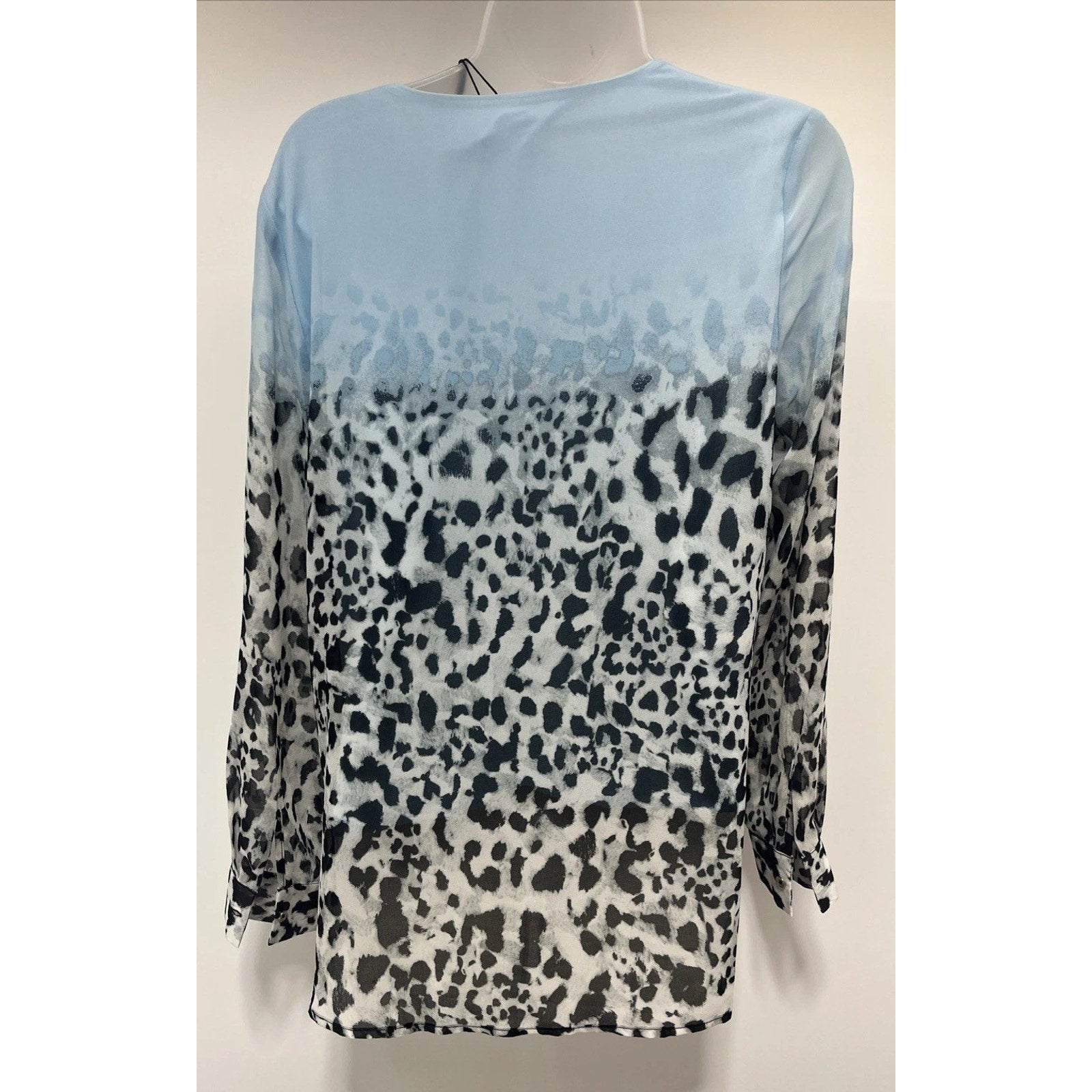 Calvin Klein Women’s Sz S Blue/snow Leopard Long Sleeve Lined V Neck Blouse NWT