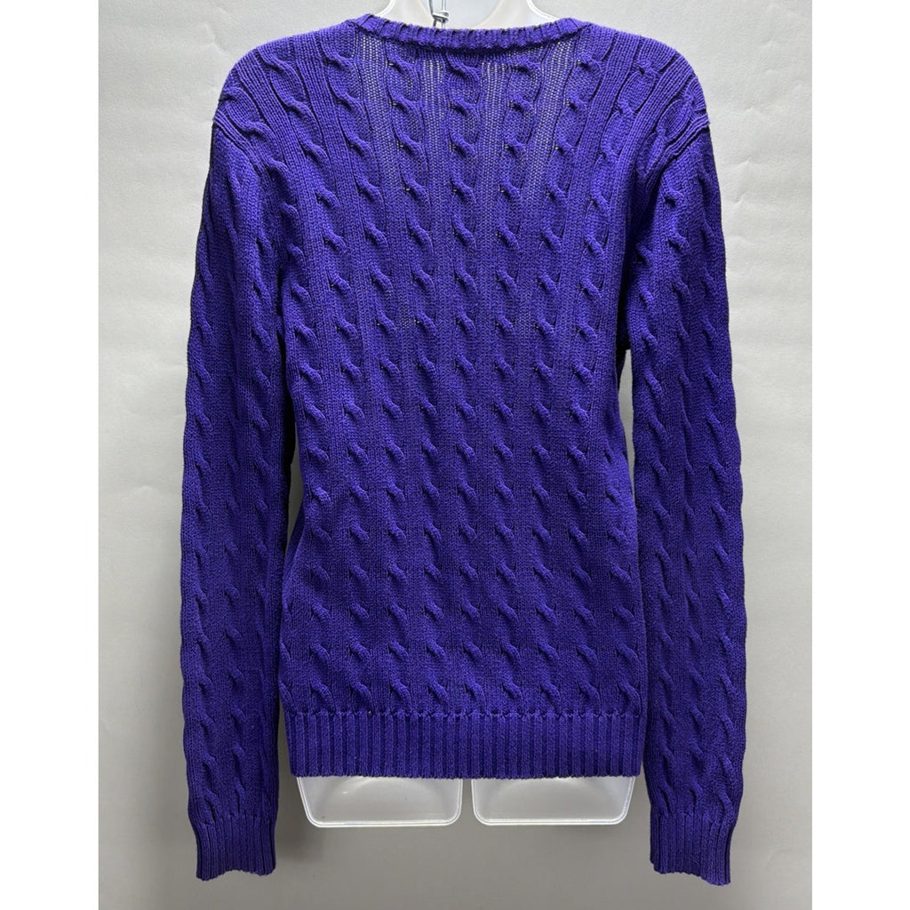 Ralph Lauren Sport Womens Large Purple Cable Knit V Neck Cotton Sweater Pony