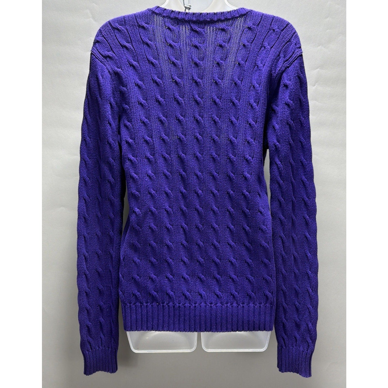 Ralph Lauren Sport Womens Large Purple Cable Knit V Neck Cotton Sweater Pony
