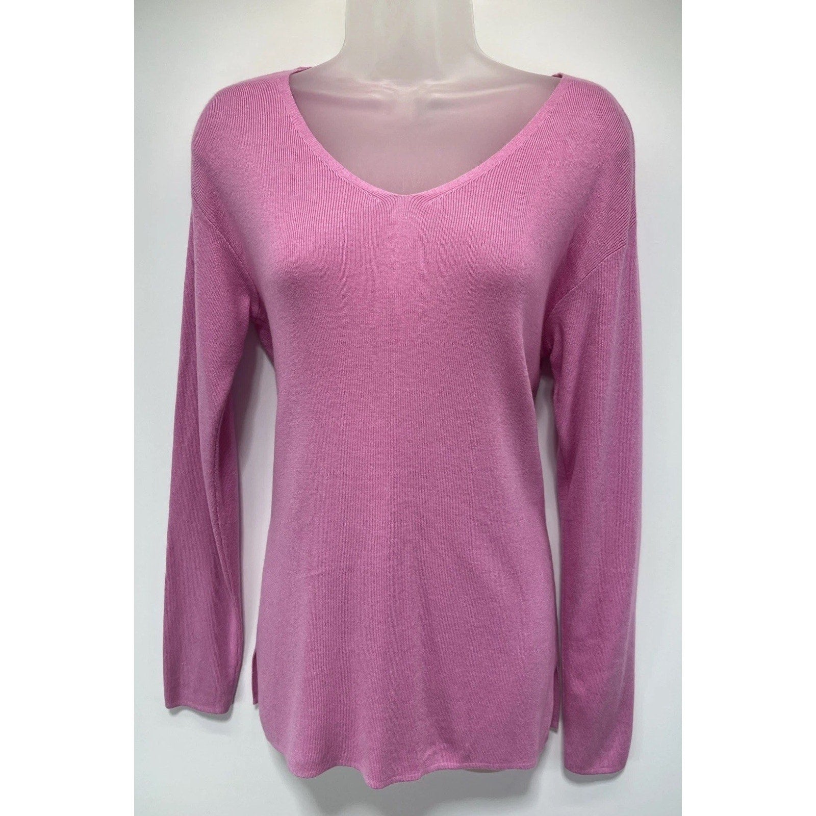 Talbots XS V-Neck Pullover Sweater Pink Tunic Length Long Sleeve Rayon Blend