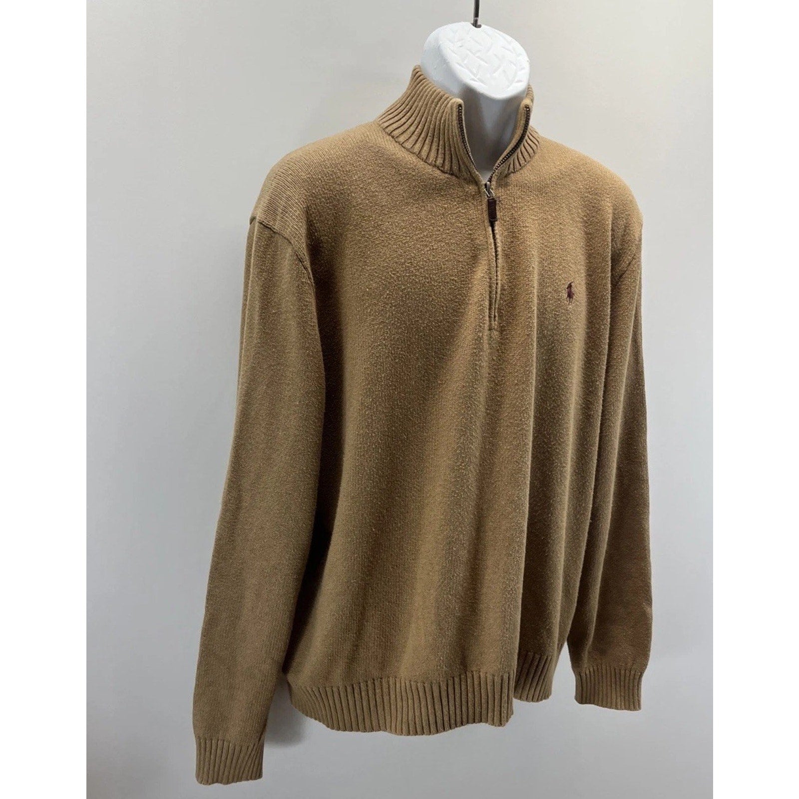 Polo Ralph Lauren Sweater Mens XL Tan Brown 1/4 Zip Cotton Pony Quiet Luxury