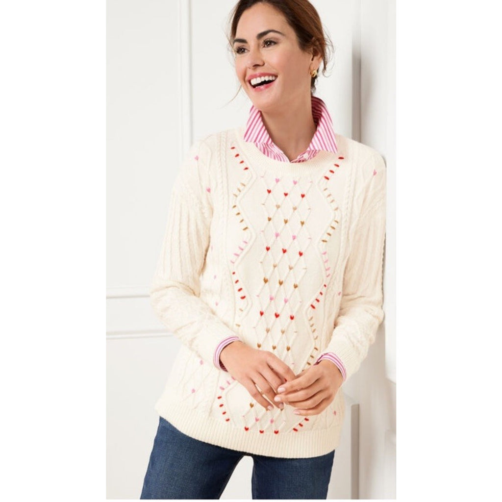 Talbots Ivory Whipstitch Hearts Cable Knit Sweater Size XL