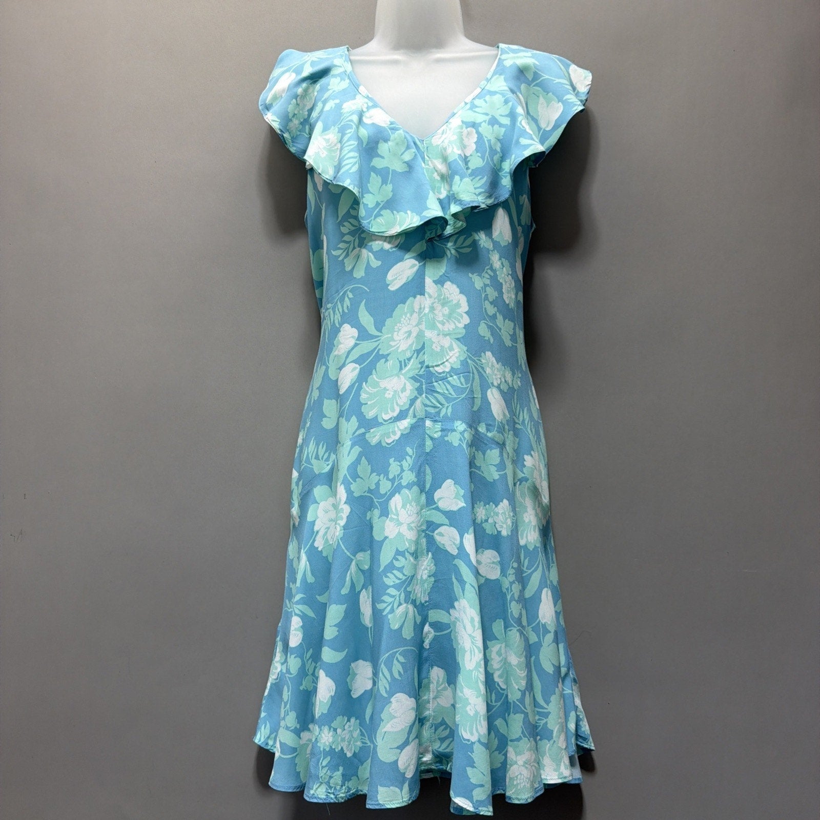 Calvin Klein Floral Challis Ruffle Hem Dress Women's Size 8 Mykonos Blue