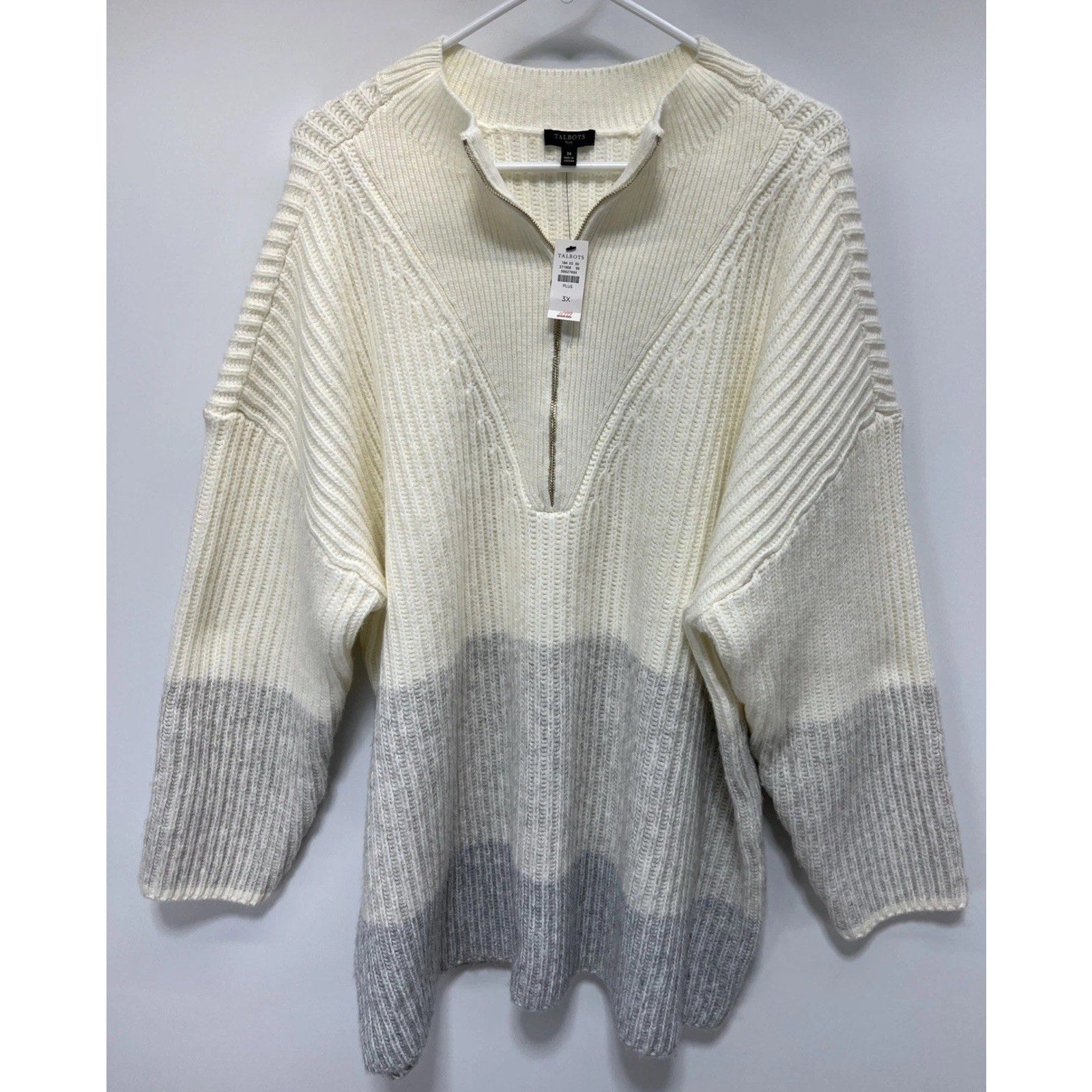 NWT Talbots Pretty Cream Grays Stripe 1/4 Zip High Neck Wool Blend Sweater 3X