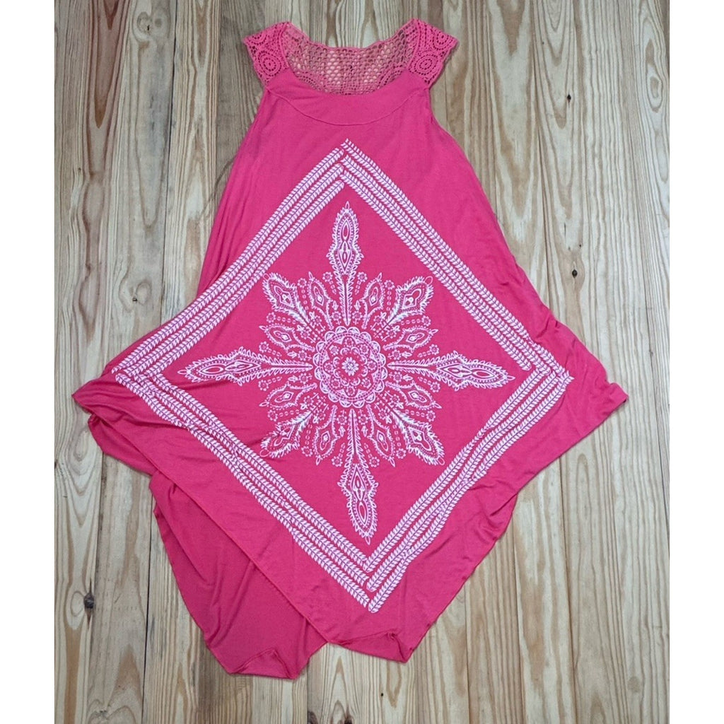 Exist Maxi Dress Womens Small/Medium Coral Leaf Print Sleeveless Crochet Boho