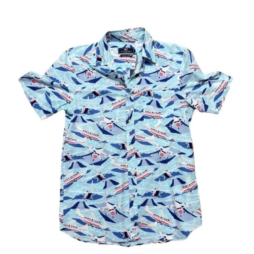 Vineyard Vines Jet Set Airplane Print Button Down Shirt Men’s Small Blue NWT