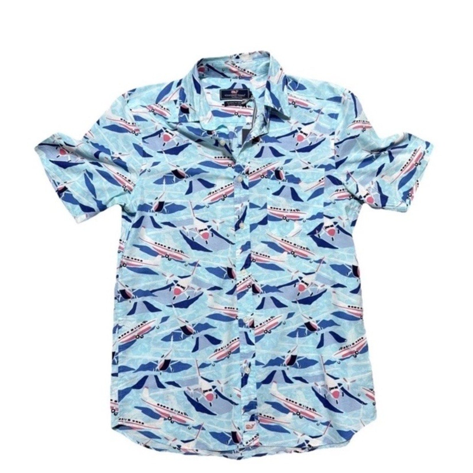 Vineyard Vines Jet Set Airplane Print Button Down Shirt Men’s Small Blue NWT