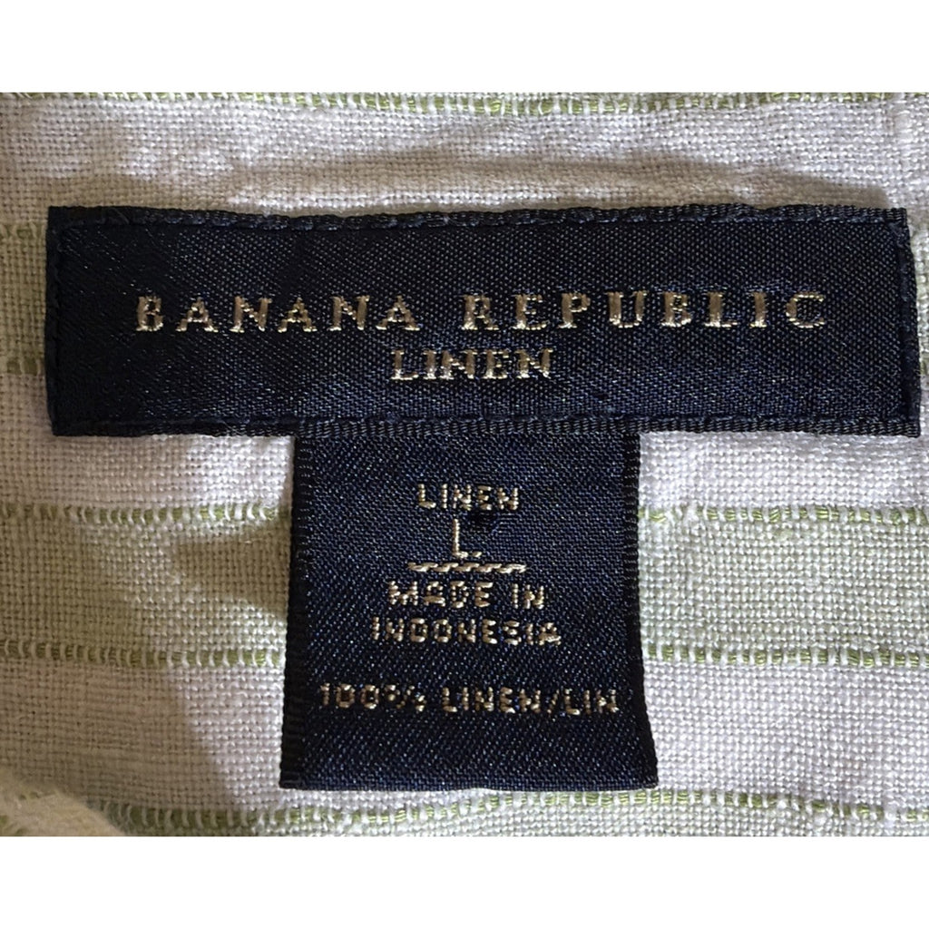 Banana Republic Mens L Green 100% Linen Short Sleeve Striped Button Down Shirt