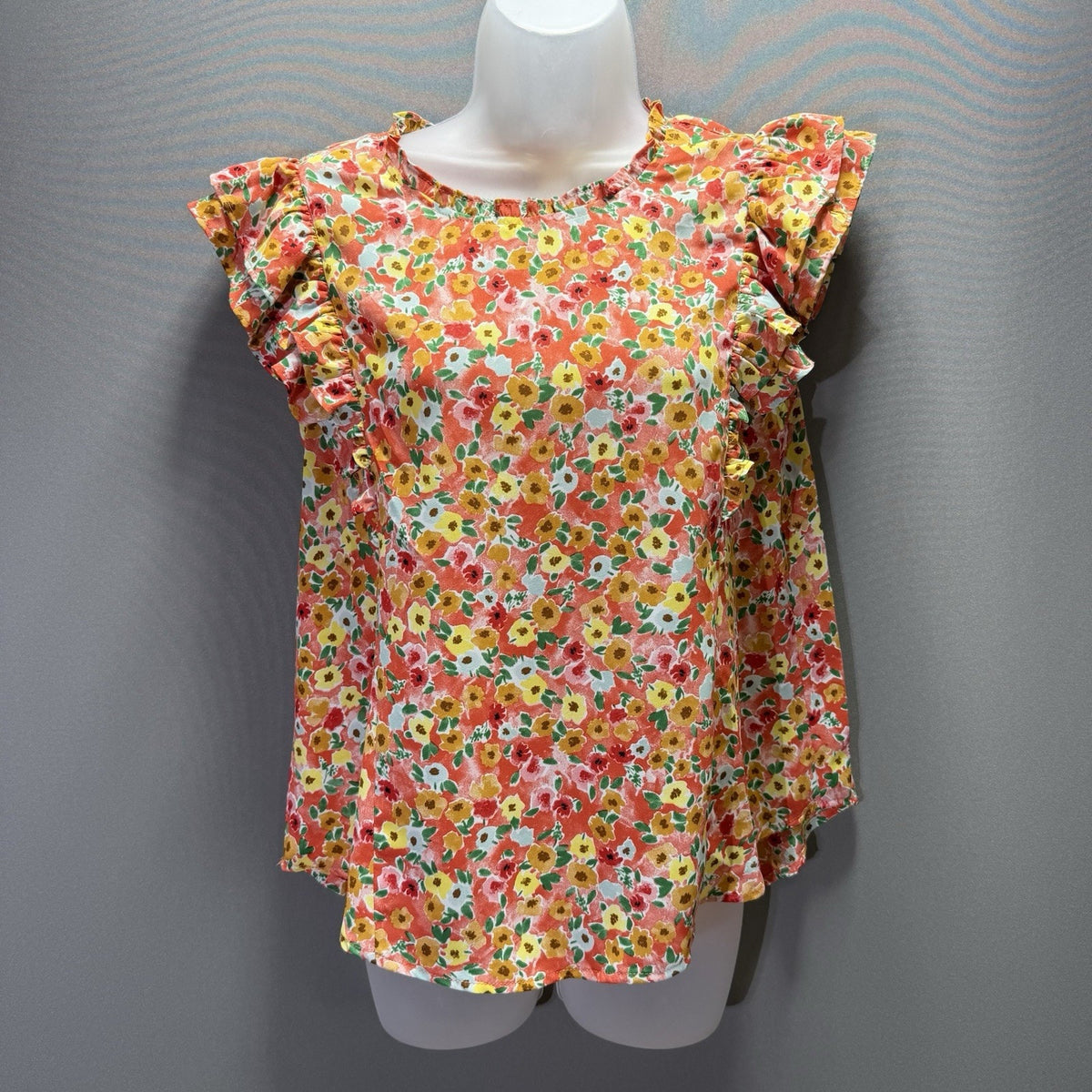Umgee Floral Blouse Women’s Coral Ruffle Flutter Sleeve Keyhole Back Boho Top M