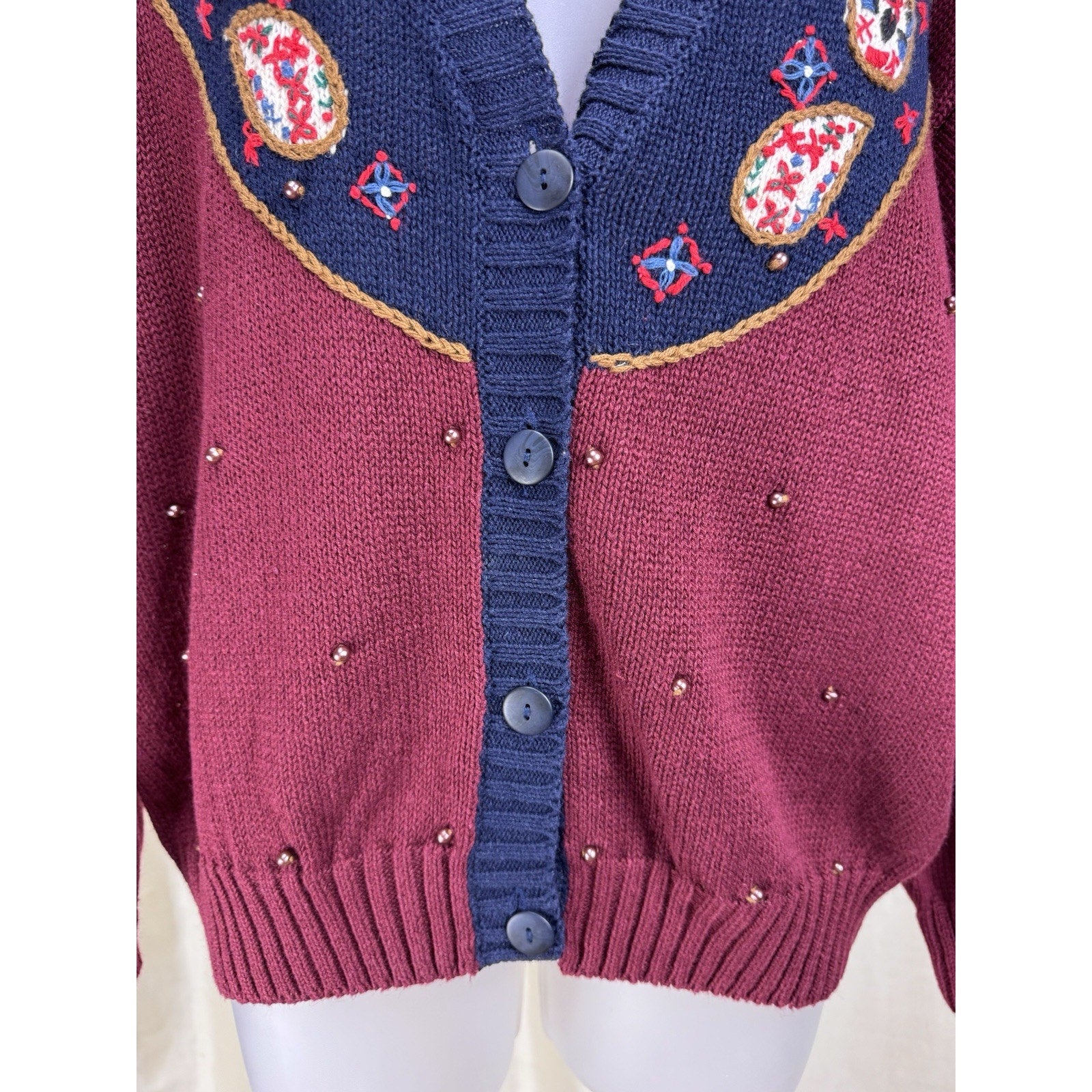 Vintage Huntington Ridge Cardigan Sweater Floral Embroidered Beaded Size Large