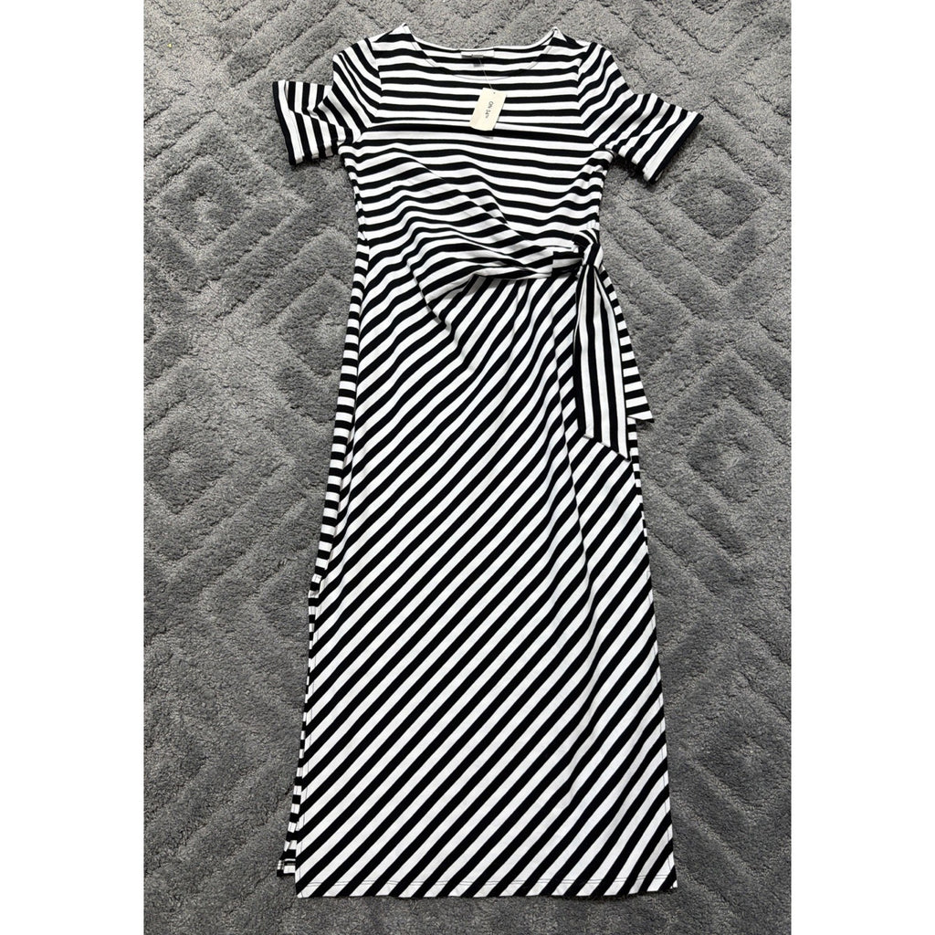On 34th WM Black White Stripe Short Sleeve Tie Waist Midi Dress Small New