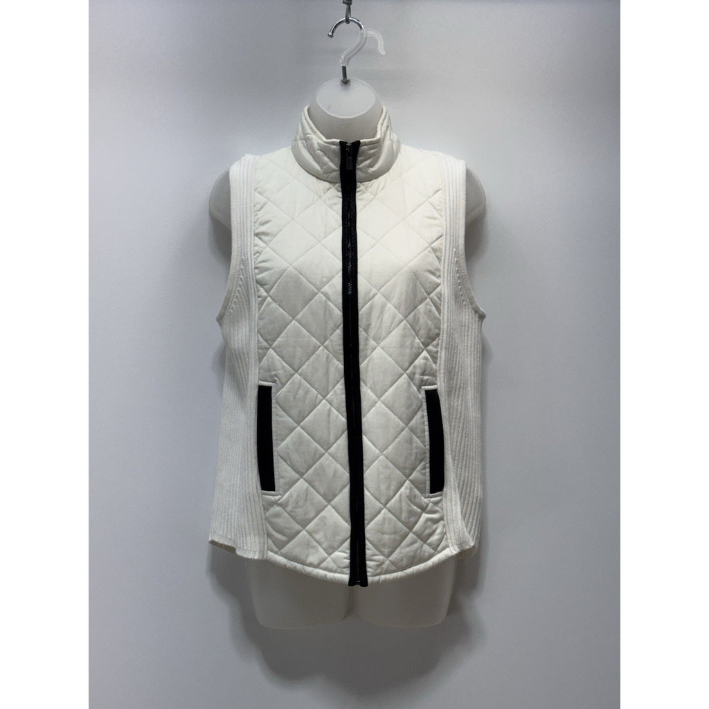 Jones New York White Puffer Vest Quilted Cotton Sweater Back Zip Jacket Women M