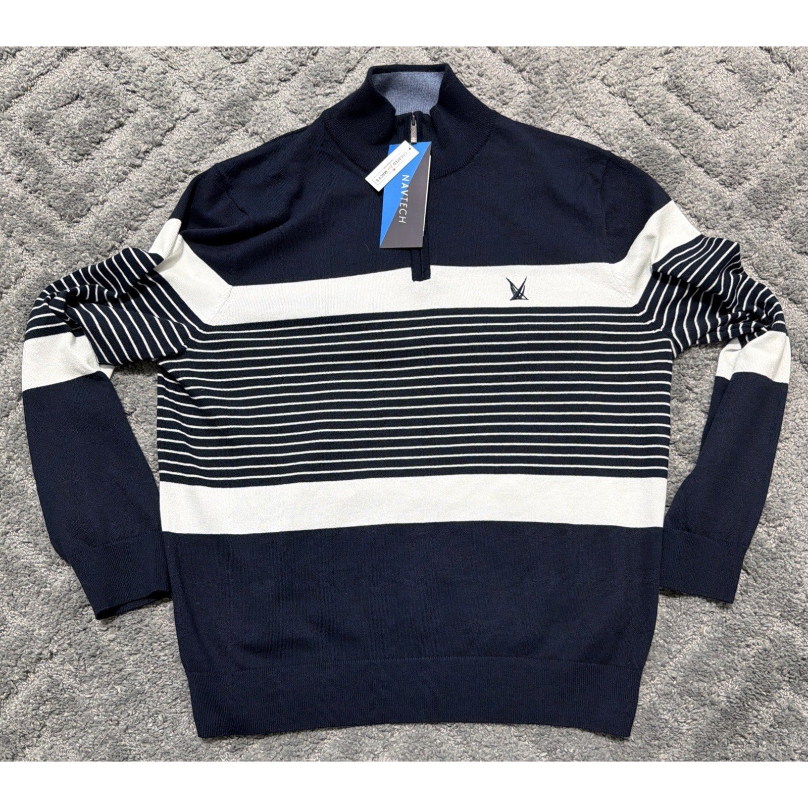 Mens Nautica Navtech Blue Sail Navy White Striped 1/4 Zip Sweater L New