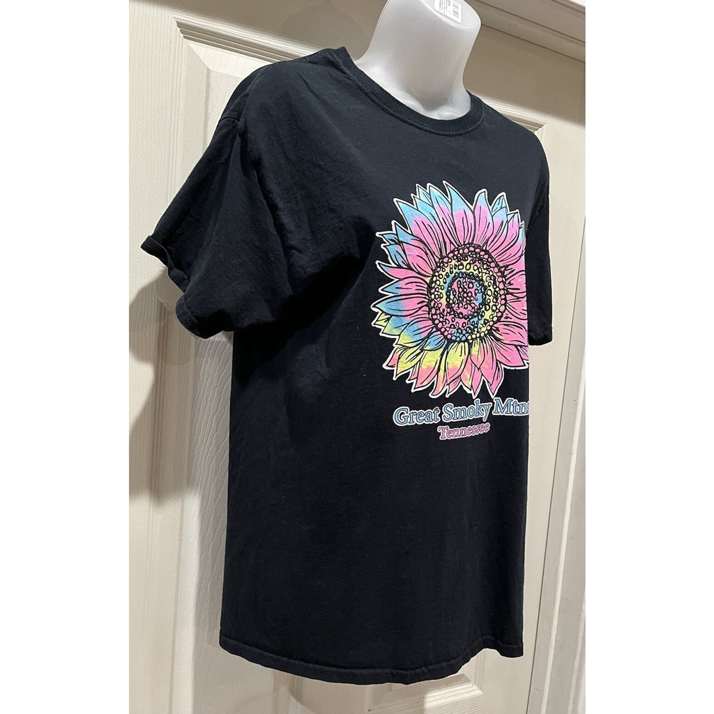 Vintage Great Smoky Mountains Navy Blue Pink Flower T- Shirt Size Medium