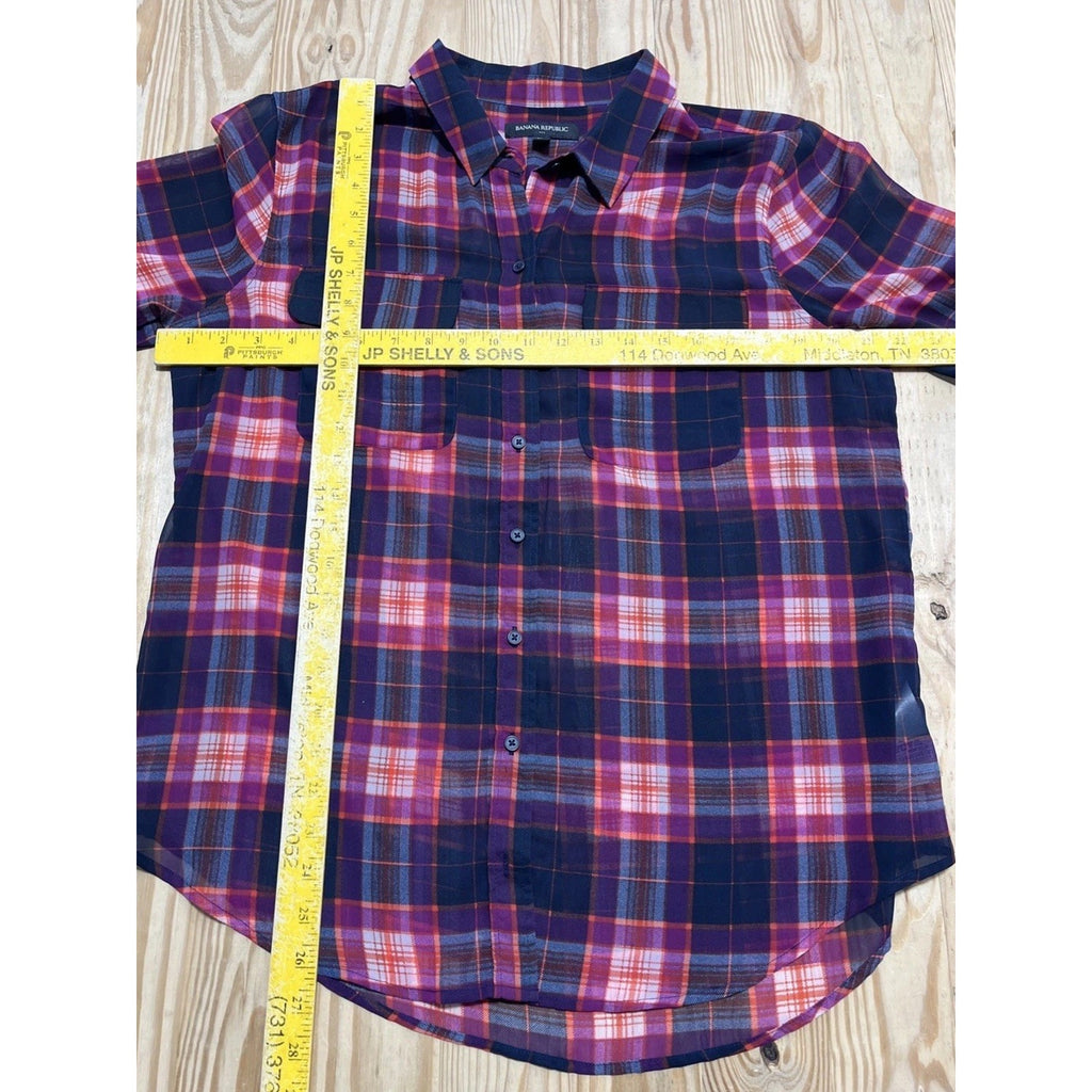 Banana Republic Factory Button-up Shirt Sheer Pink Blue Plaid Long Sleeve Lp