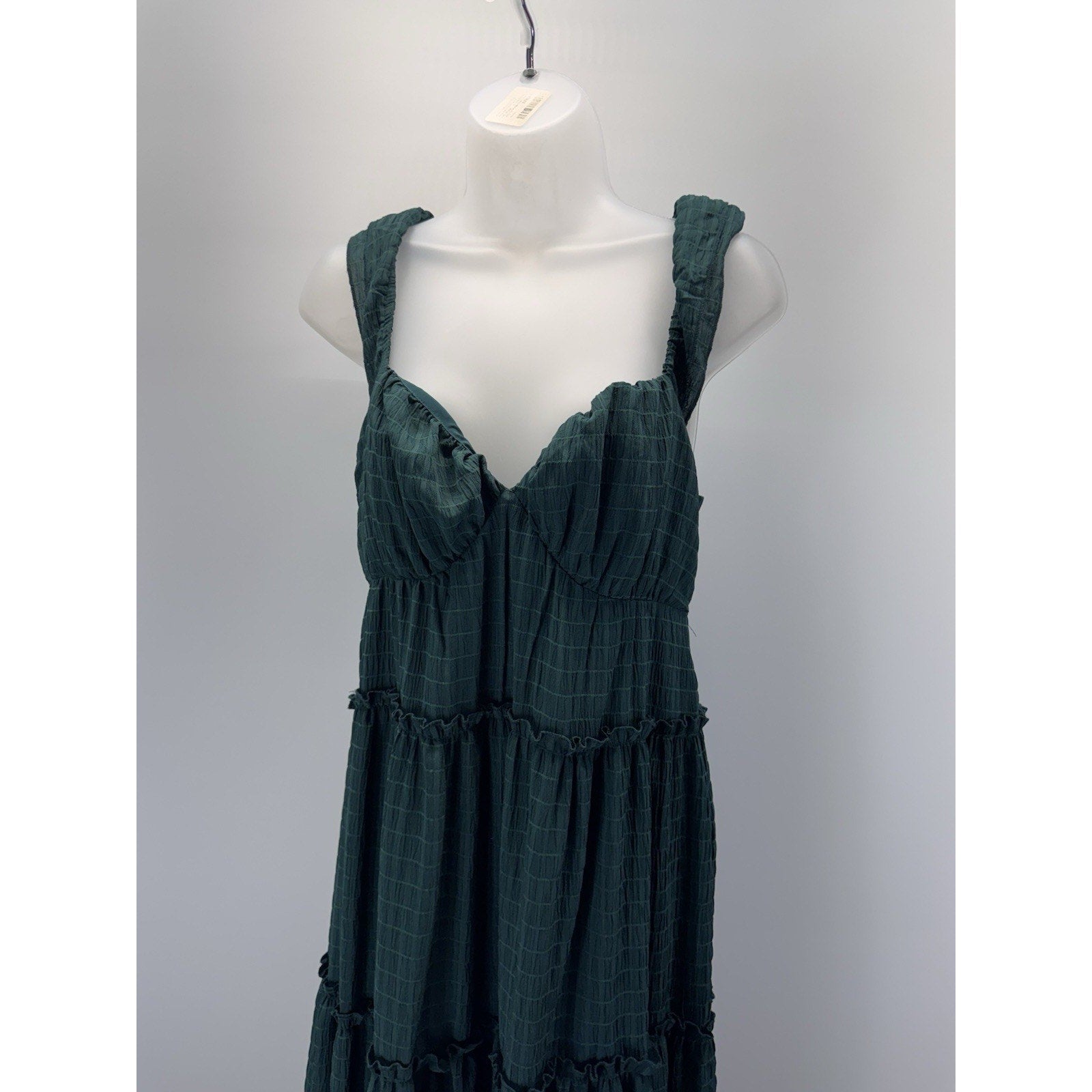 LE LIS Maxi Ruched Dress Hunter Green Ruffled Straps Tiered Size S NWT