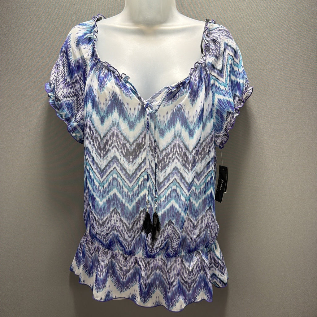B-Wear Women's Abstract Multicolor Aztec Lined Drape Top Blouse L NWT