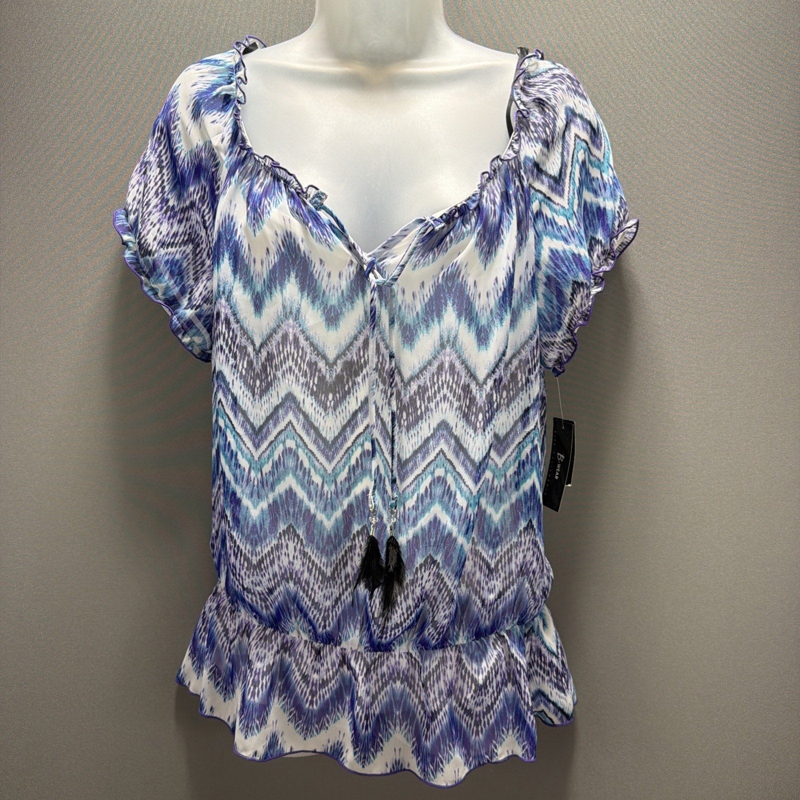 B-Wear Women's Abstract Multicolor Aztec Lined Drape Top Blouse L NWT