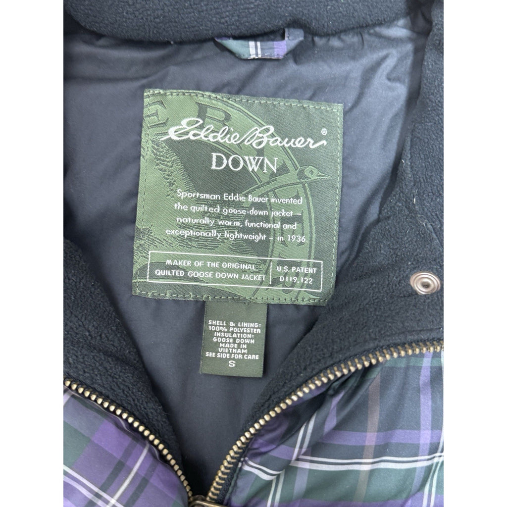Eddie Bauer Down Vest Purple Green Plaid Goose Down Poly Shell Women’s Size S