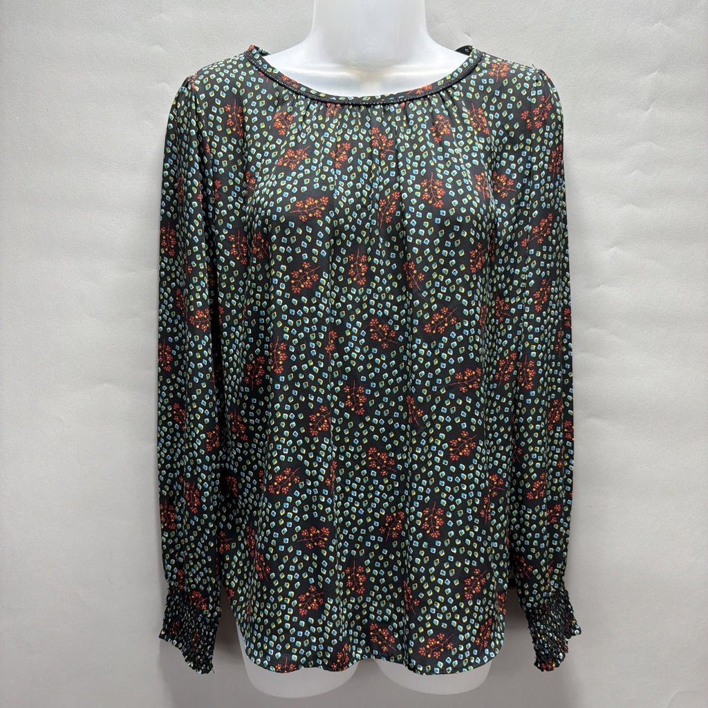 LOFT Black Red Blue Floral Long Sleeve Elastic Wrist Blouse Top Sz XS